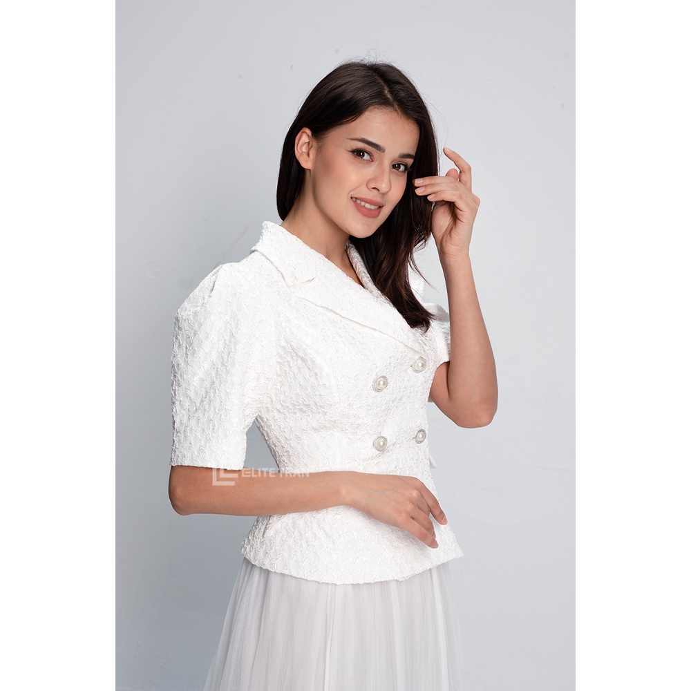 Áo vest đờ mi tay lỡ vân cánh én hai hàng cúc màu trắng ELITE TRẦN by LINHELITE