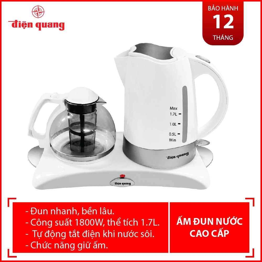 Bộ ấm đun nước siêu tốc Điện Quang ĐQ EKT05 1817 (1800W,1.7L thân nhựa,thủy tinh,có bàn hâm nóng)