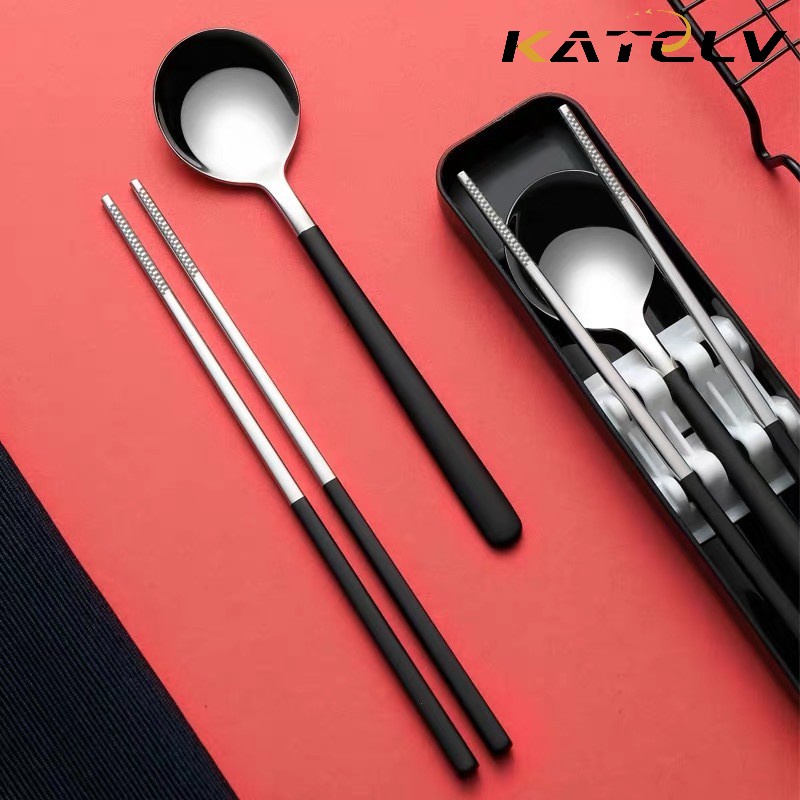 KATELV Set 2 dụng cụ muỗng và đũa ăn kiểu Hàn bằng thép không gỉ cấp thực phẩm nhỏ gọn tiện dụng