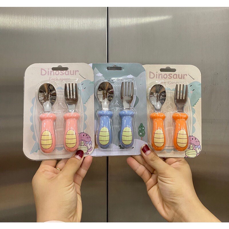Thìa dĩa tập xúc có cho bé tập ăn chất liệu inox cao cấp hình khủng long