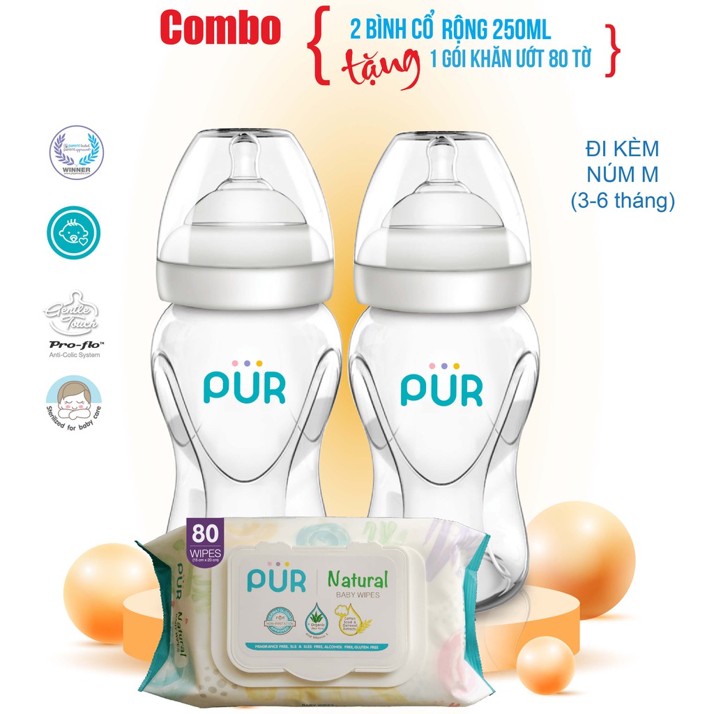 Combo 2 bình sữa Pur cổ rộng 250ml kèm núm M - Tặng gói khăn ướt Pur loại lớn 80 tờ