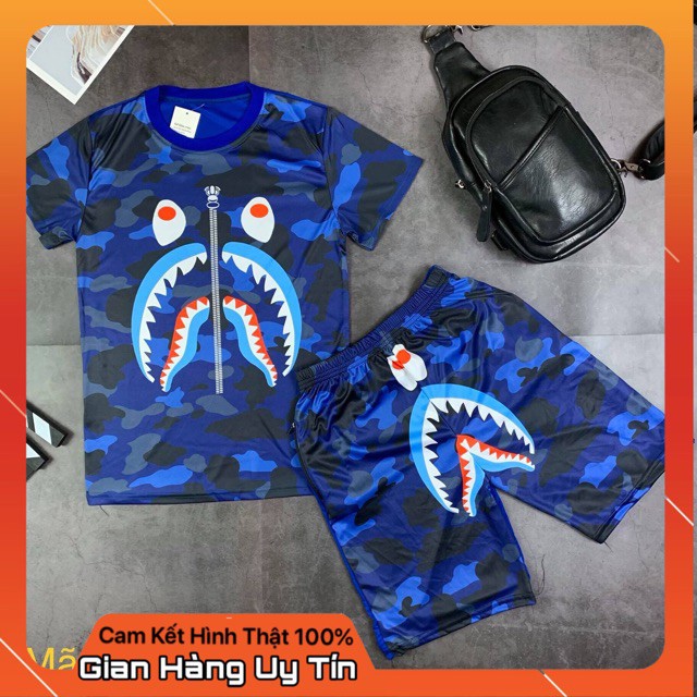 ✅[FREESHIP+Tặng Vòng]Set quần áo hè nam 3D Bape Xanh dương Giá rẻ