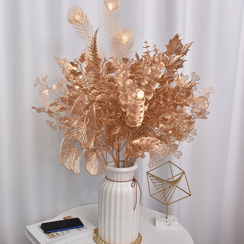 Cành lá rẻ quạt, cành táo, cành đuôi cong, cành tim phủ nhũ vàng decor siêu đẹp