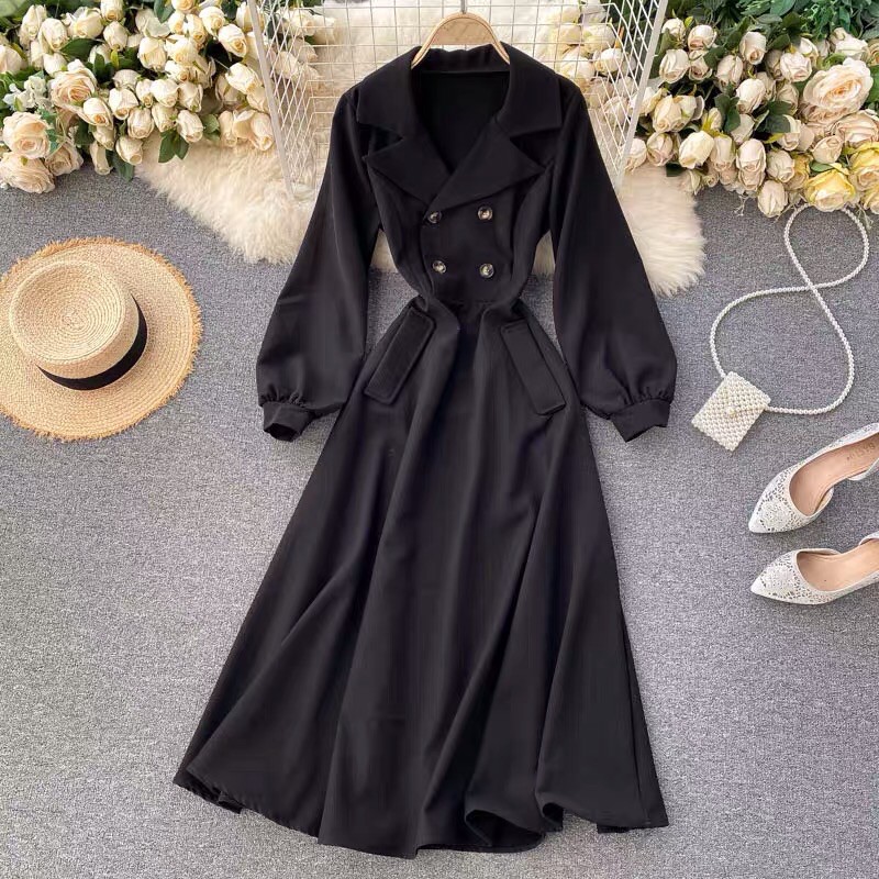 Váy dáng dài xoè cổ vest 2 hàng cúc túi 2 bên vintage
