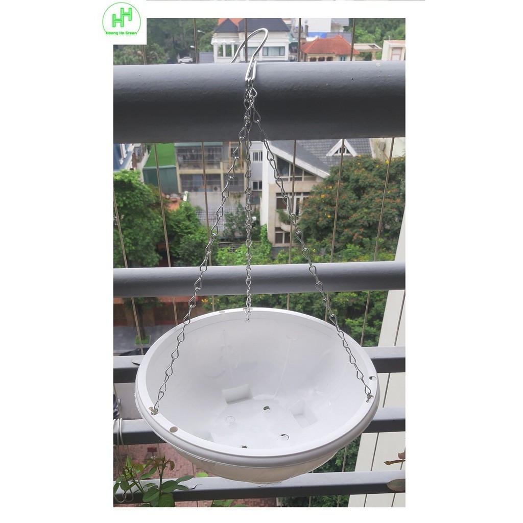 5 Chậu Nhựa Tròn Trồng Hoa Màu Trắng Có Móc Treo - Chậu chảo treo trồng hoa có móc xích kèm theo! KT: 29x12cm (ĐK x Cao)