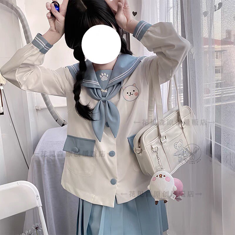 Set váy áo Đồng phục học sinh Nhật Bản - Seifuku Brand Hoa Kiếm Sâm - Váy Xanh kèm nơ #SEIFUKU #HOAKIEMSAM