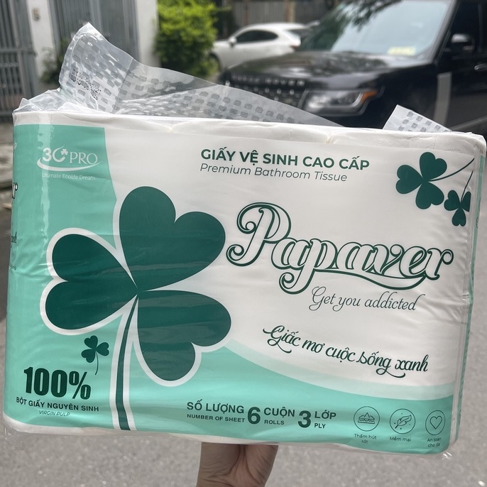 Giấy vệ sinh cao cấp Papaver 3 lớp siêu mềm, siêu dai, 100% bột giấy nguyên sinh