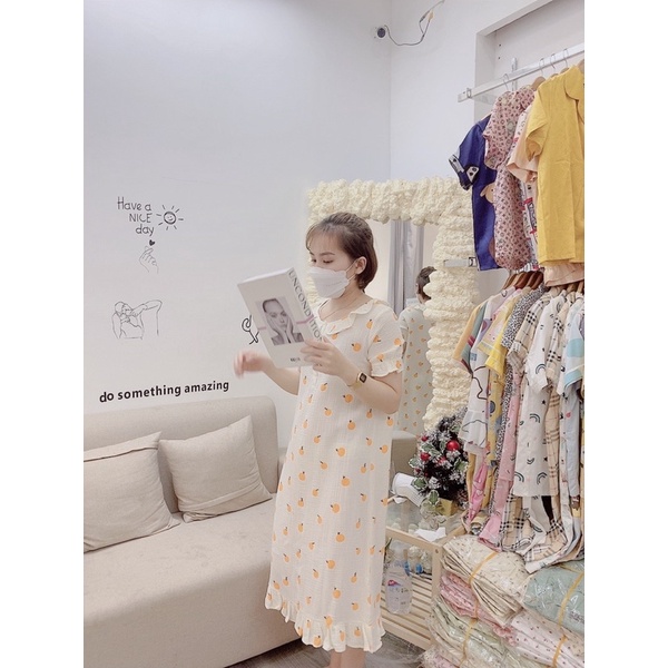 Váy pijama váy mặc nhà chất muslin cao cấp bầu bí bon chen