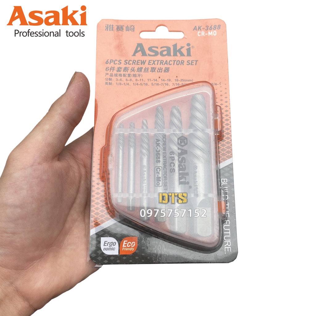 Bộ 6 mũi ren lấy bu lông, ốc vít gãy Asaki AK-3688, bộ mũi vít nhổ ốc gãy toét thép Cr-Mo cao cấp, siêu cứng, siêu bền