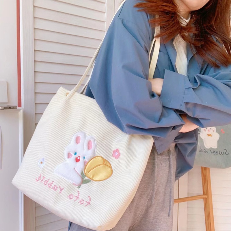 Túi Xách Tote Vải Nhung Kẻ In Hình Thỏ / Gấu Cỡ Lớn Cho Nữ