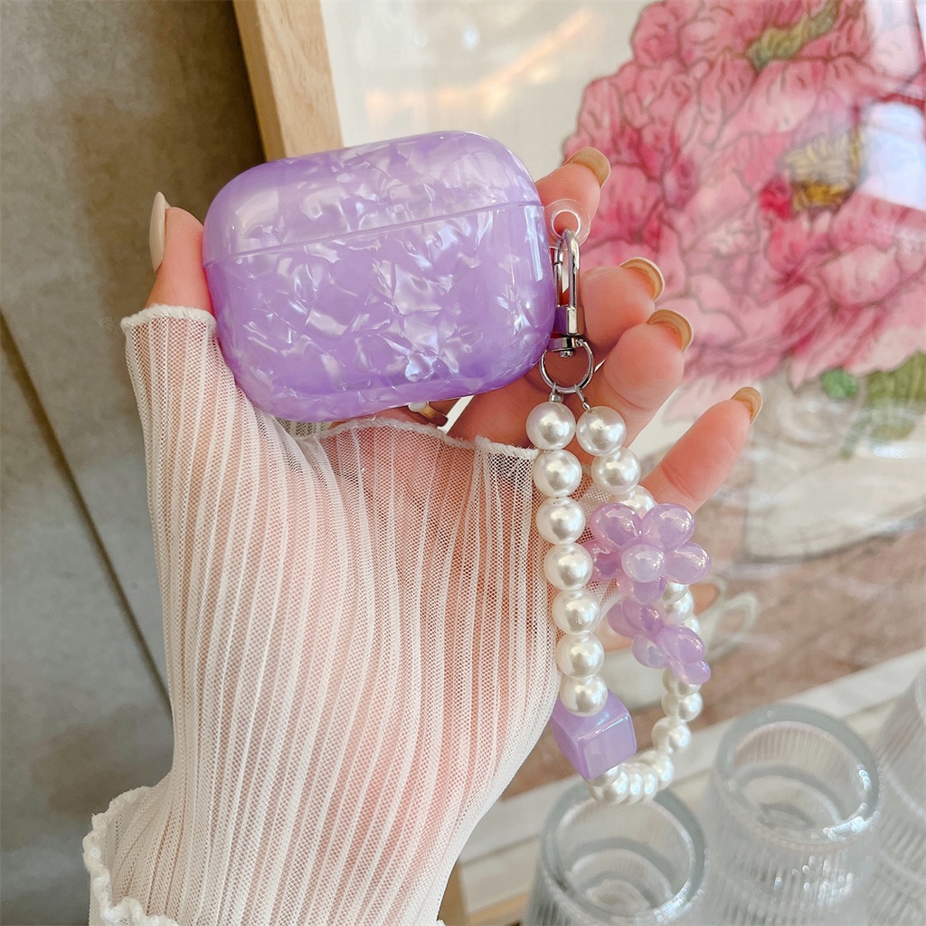 Vỏ Bảo Vệ Hộp Sạc Tai Nghe AirPods Pro 1 2 3 Họa Tiết Vỏ Sò + Dây Đeo Ngọc Trai Sang Trọng Thời Trang