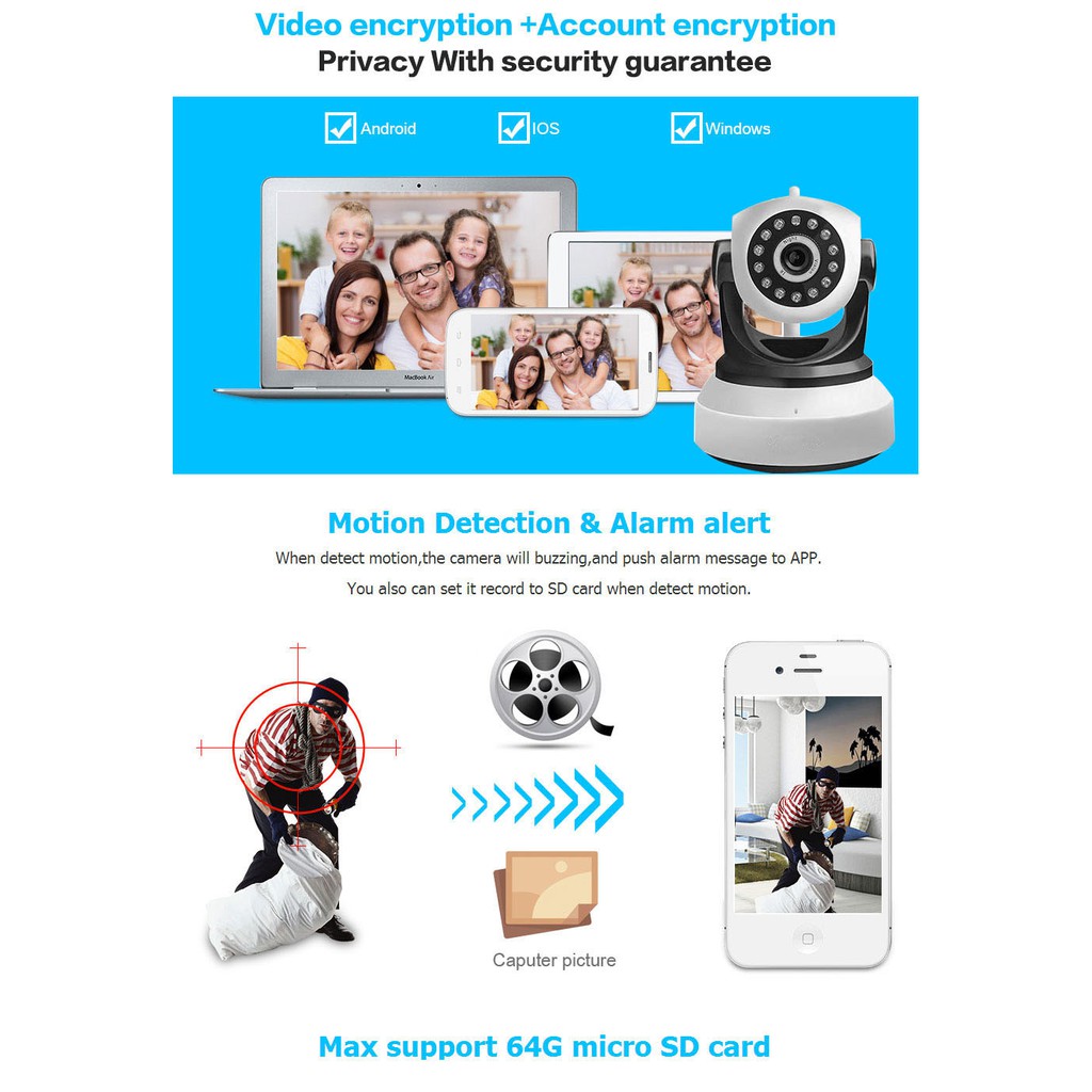 Camera an ninh CAMHI xoay 360 độ kết nối wifi có thể điều khiển từ xa hỗ trợ CCTV chất lượng cao | BigBuy360 - bigbuy360.vn