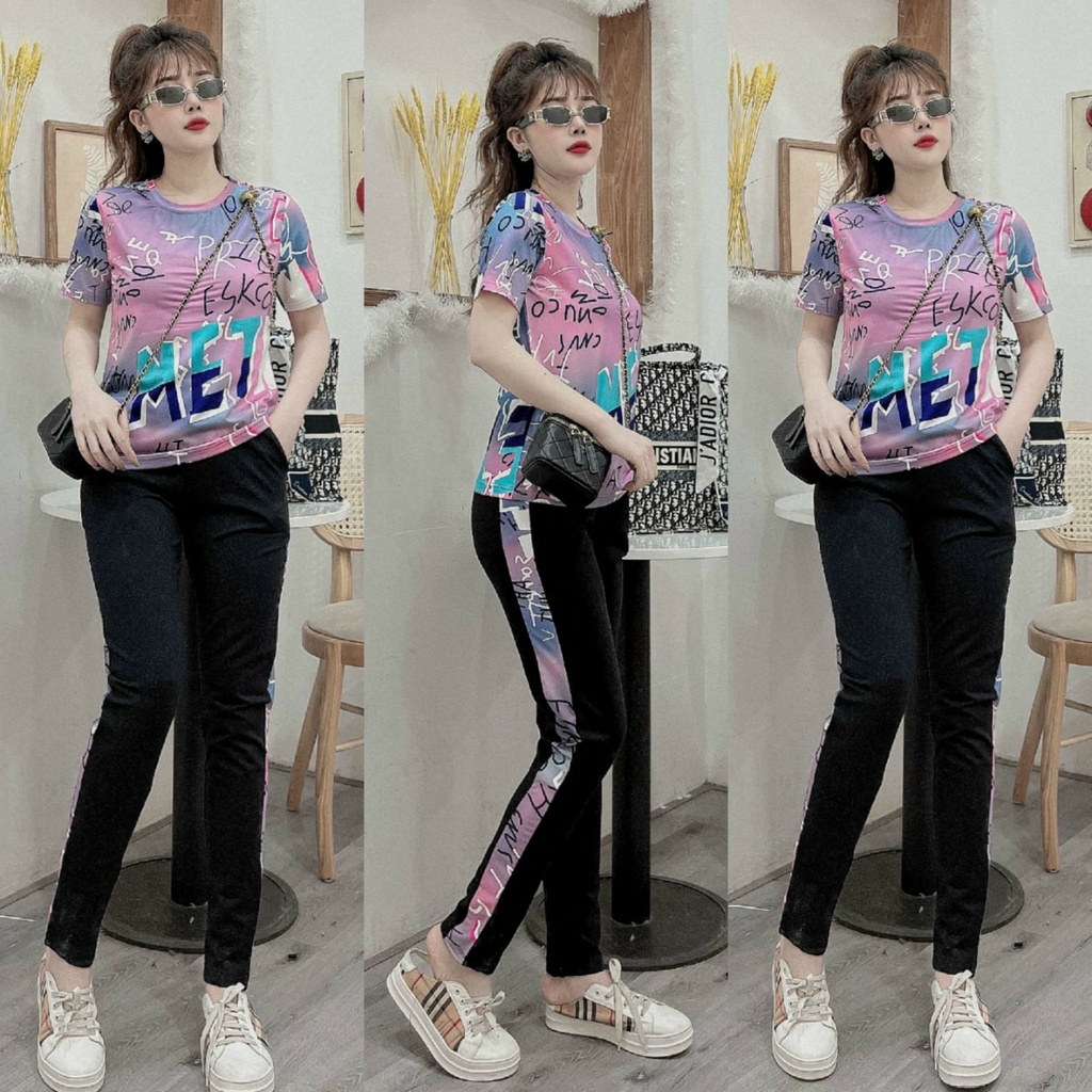 Set Bộ Thun Thể Thao Áo Thun Lạnh In 3D Phối Quần Thun Cotton Kẻ Sọc MD091