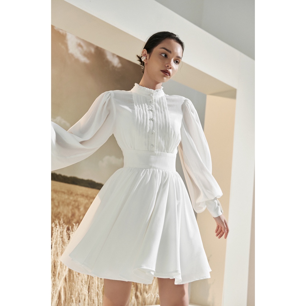 Đầm xòe ngắn tay dài phồng, cổ nhún bèo kín đáo MADELYNN MIDI DRESS | NYA STUDIO
