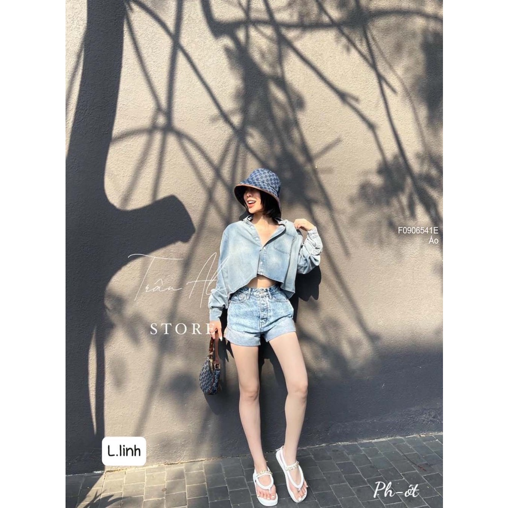 Áo sơ mi jean form croptop tay dài siêu thời trang chất bò dày dặn phong cách ulzzang hàn quôc, XUONGMAYSIGIARE