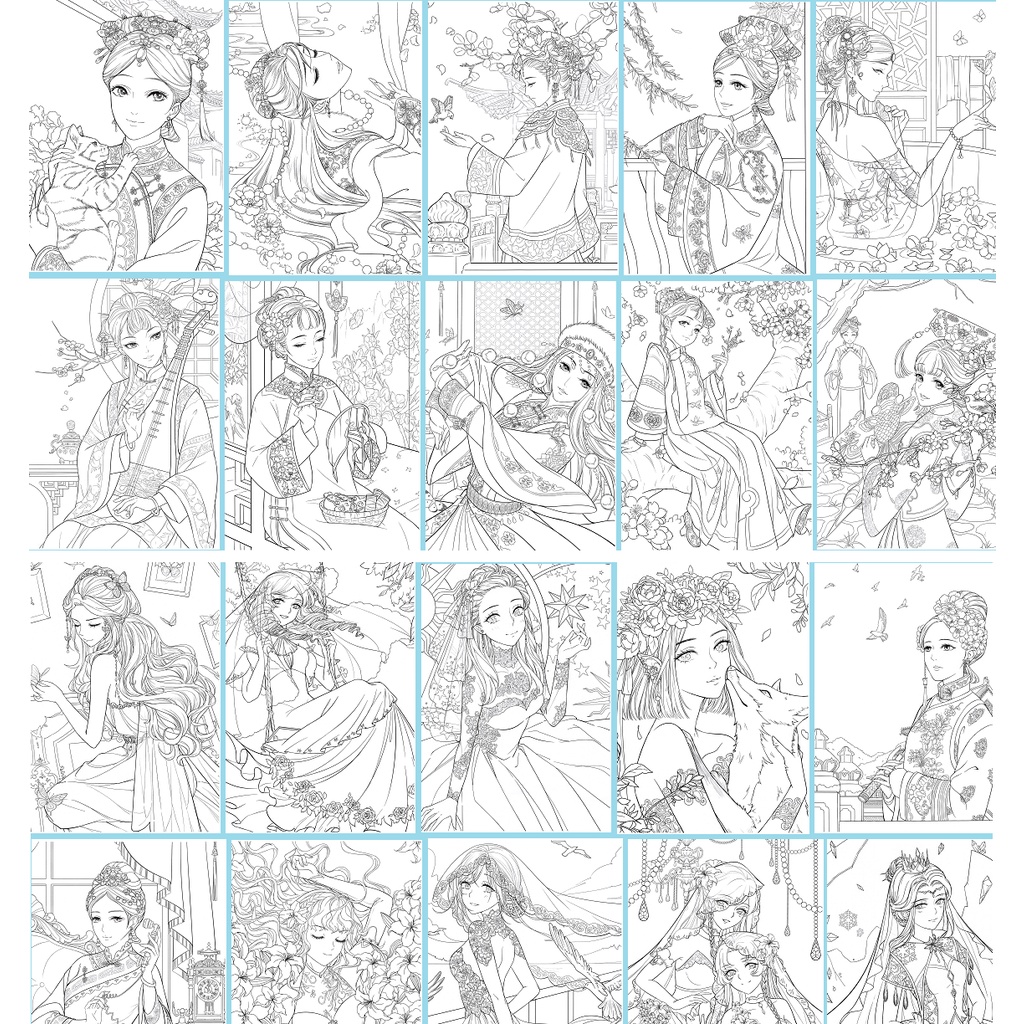 Tranh tô màu chì, màu nước Cổ Trang, Anime A4-Lineart, 10 tranh