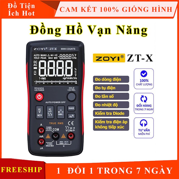 Đồng hồ vạn năng Zoyi ZT-X đo điện đo dòng, điện áp AC/DC, tụ điện, trở và tần số, đo thông mạch, đo nhiệt độ có đèn LED