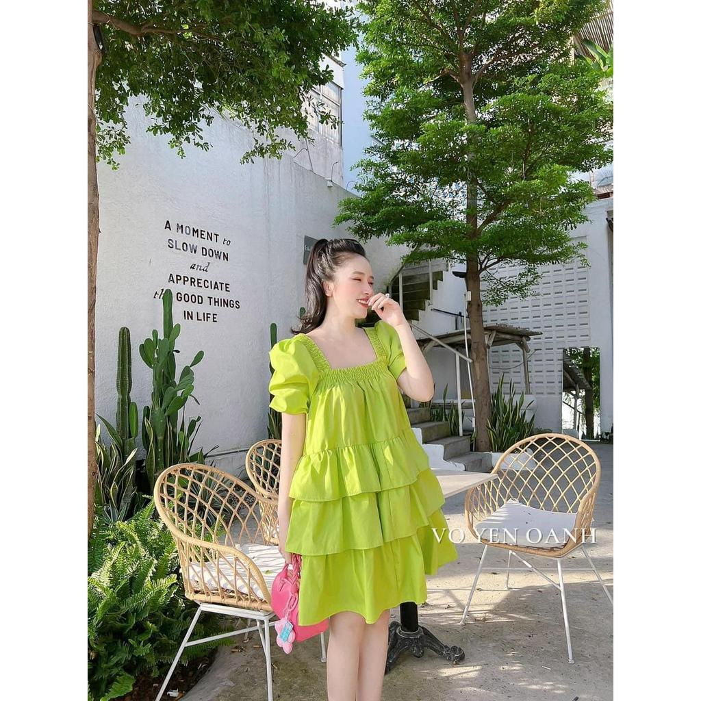 Váy babydoll cổ vuông xòe 3 tầng bo chun chất thô màu xanh hồng, đầm tiểu thư tay bồng đi chơi đi biển dự tiệc hottrend