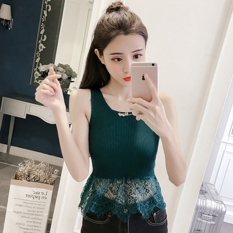 mùa hè ren lá sen viền áo đan yếm của phụ nữ ngắn không tay trên dưới