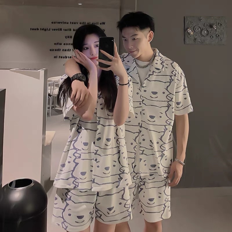 SUSQ1 Quần sooc đùi short ngắn áo cổ vest form rộng unisex Đồ bộ Pijama nam nữ ngủ mặc nhà gấu xanh trắng cộc tay cute | BigBuy360 - bigbuy360.vn