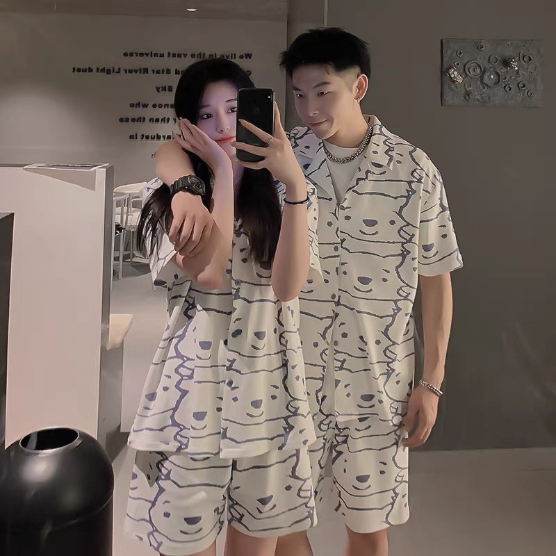 bộ ngủ mặc nhà, bộ pijama mặc nhà unisex 2 màu hình gấu kute