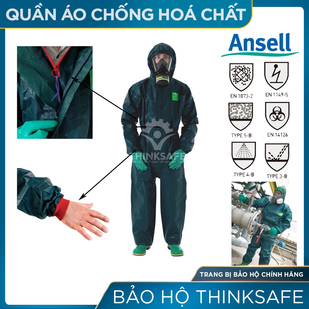 Quần áo phòng dịch Ansell Thinksafe, trang bị chống hóa chất, giọt bắn, chống bụi công nghiệp phóng xạ - Alphatech 4000