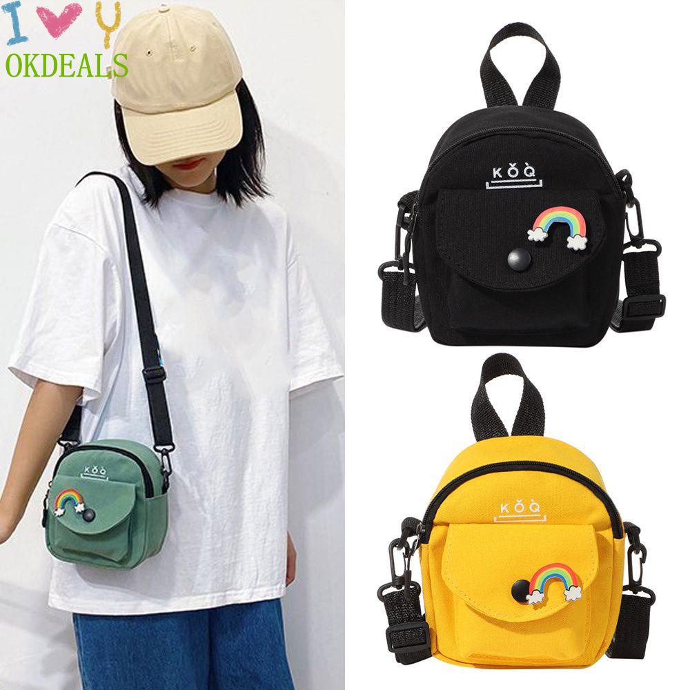 Túi Đeo Vai / Đeo Chéo Bằng Vải Canvas Màu Trơn Có Khóa Kéo Dễ Thương