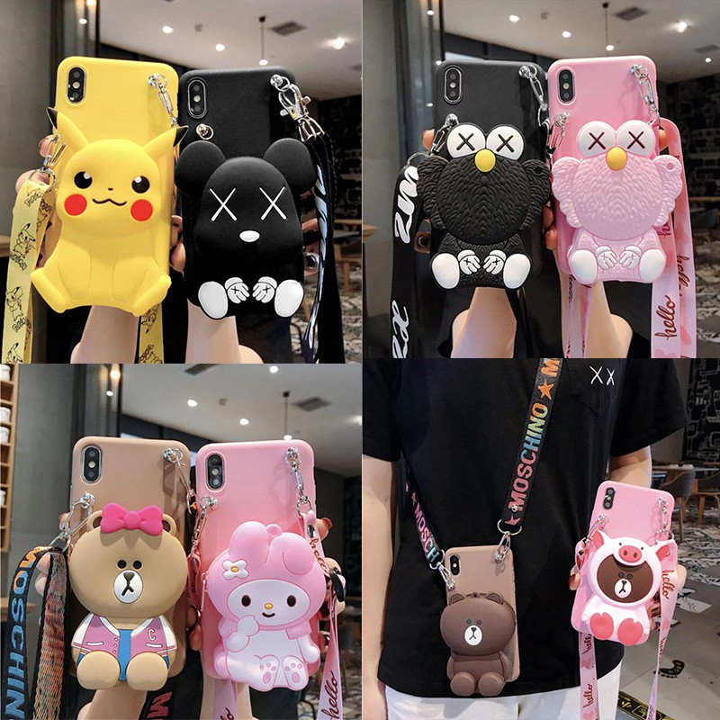 Ốp điện thoại hình gấu nâu Kitty Sesame Street hoạt hình dạng ví có khóa kéo và dây đeo cho iPhone 7 8 Plus X XS Max XR