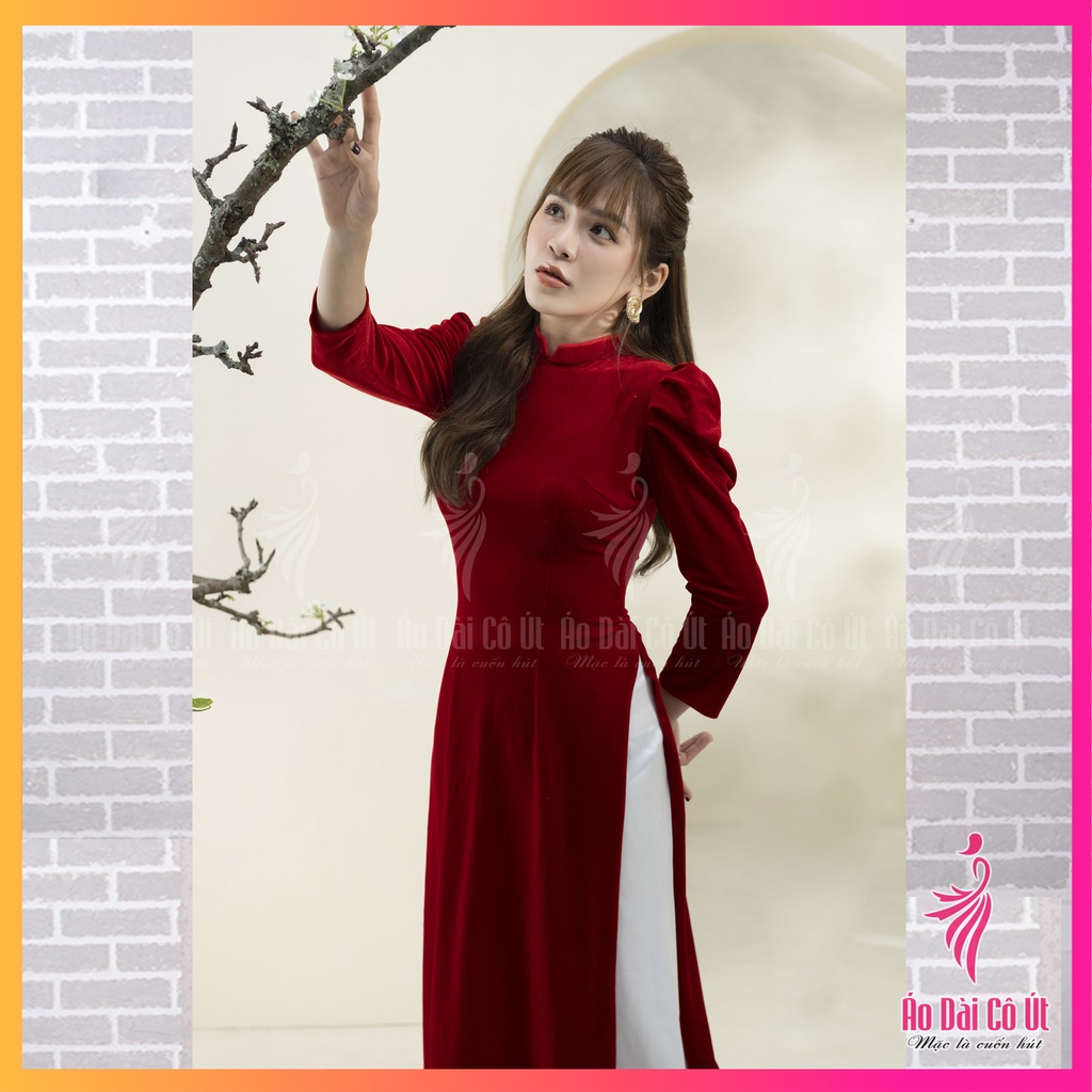 Áo dài nhung tay phồng cổ truyền thống hàng may sẵn