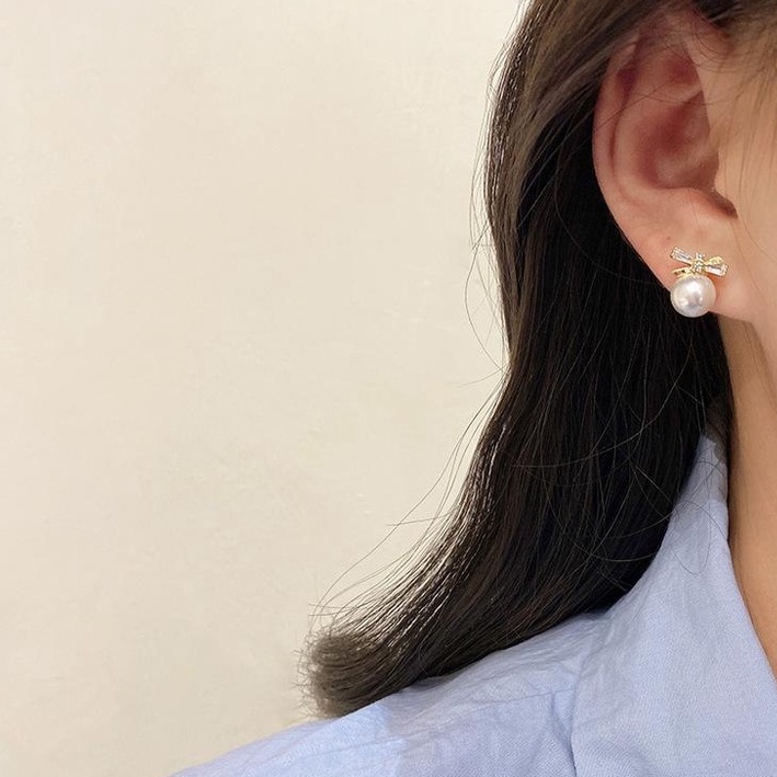 Bông tai hình nơ đính đá Zircon phối ngọc trai nhân tạo phong cách châu Âu thời trang mùa hè cho nữ