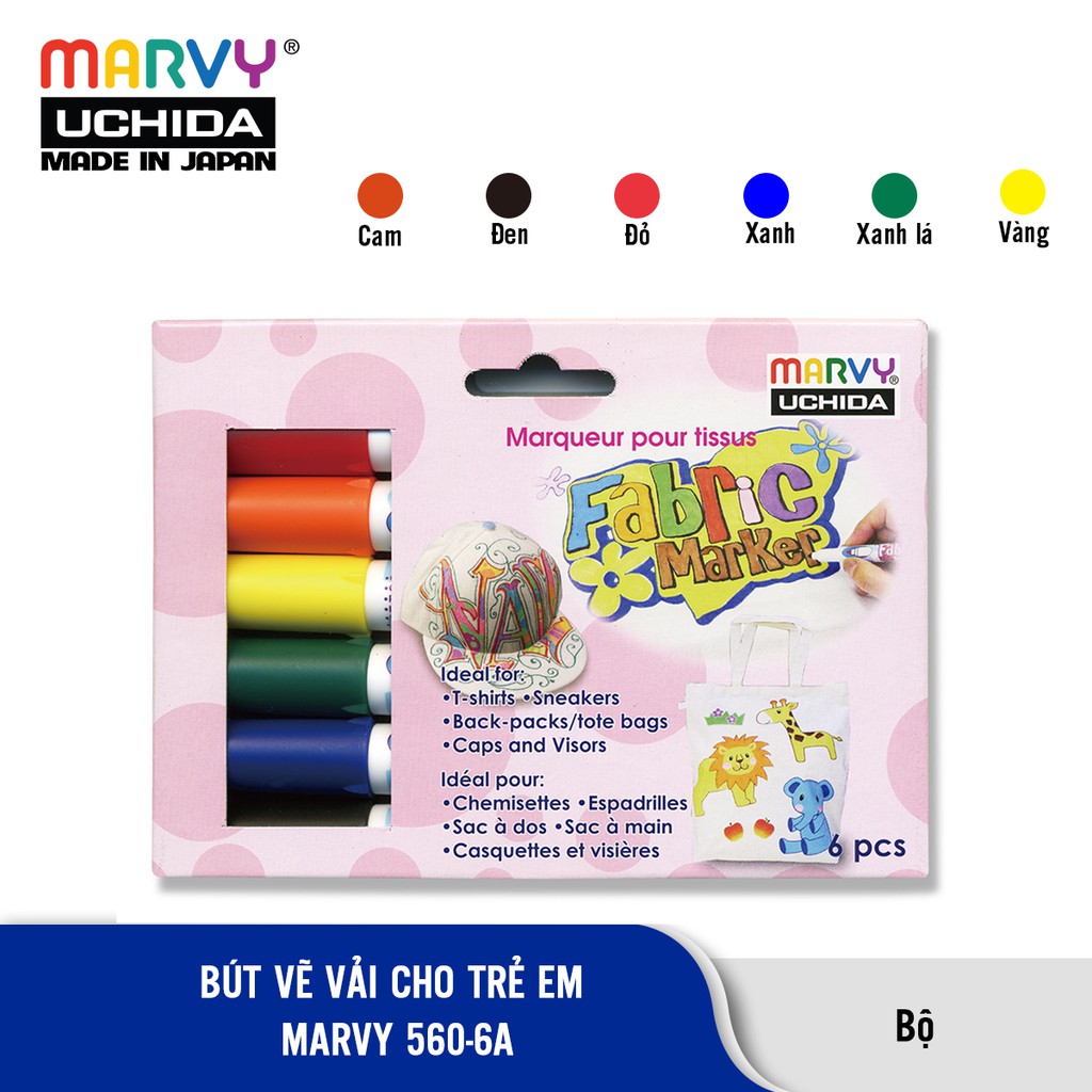 Bộ 6 cây Bút Vẽ Vải Không Bay Màu Cho Bé Marvy Uchida 560 - 6A ( màu cơ bản)