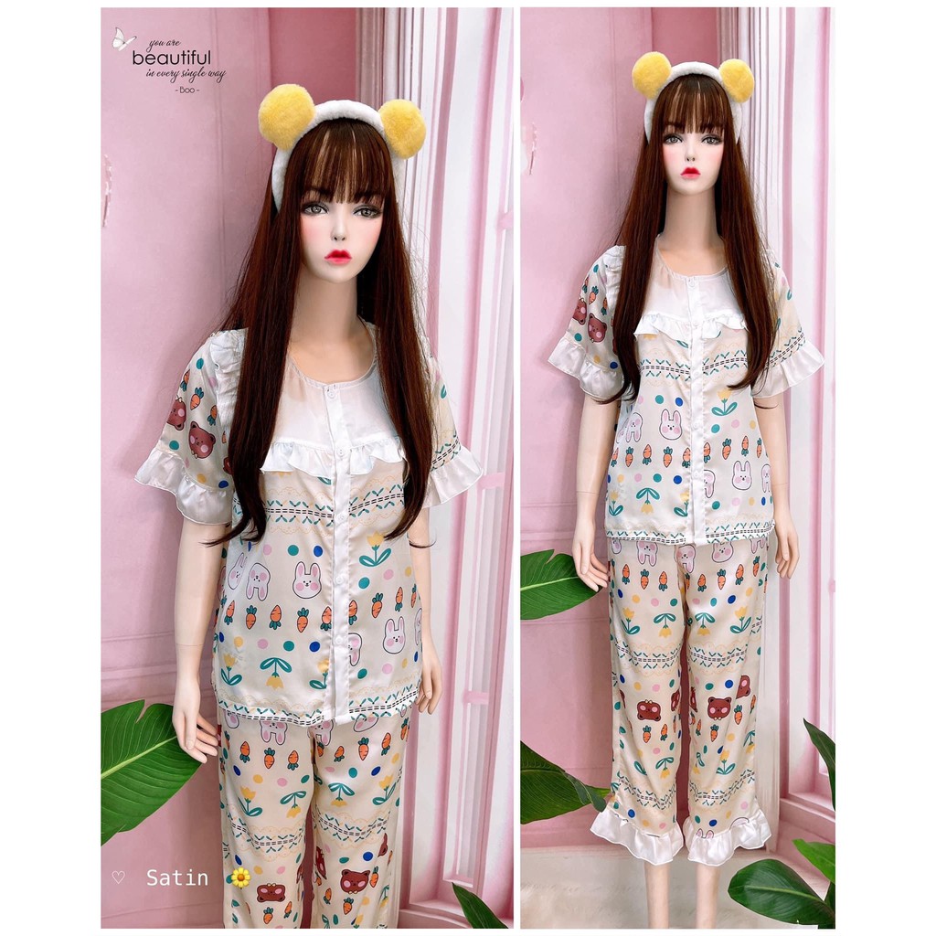 Bộ đồ ngủ lụa nữ pijama  đồ bộ mặc nhà tiểu thư  dễ thương chất satin cao cấp siêu đẹp  - TNQD03 LANA QUEEN