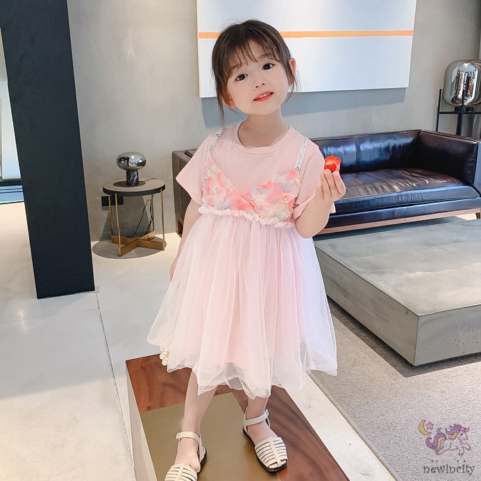 Đầm công chúa tay ngắn phối lưới phong cách Hàn Quốc cho bé gái