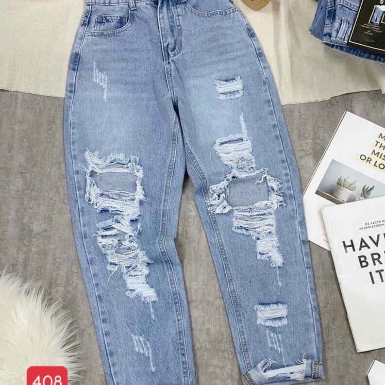 Quần baggy jeans nữ không co giãn muradfashion màu xanh rách cá tính BG448