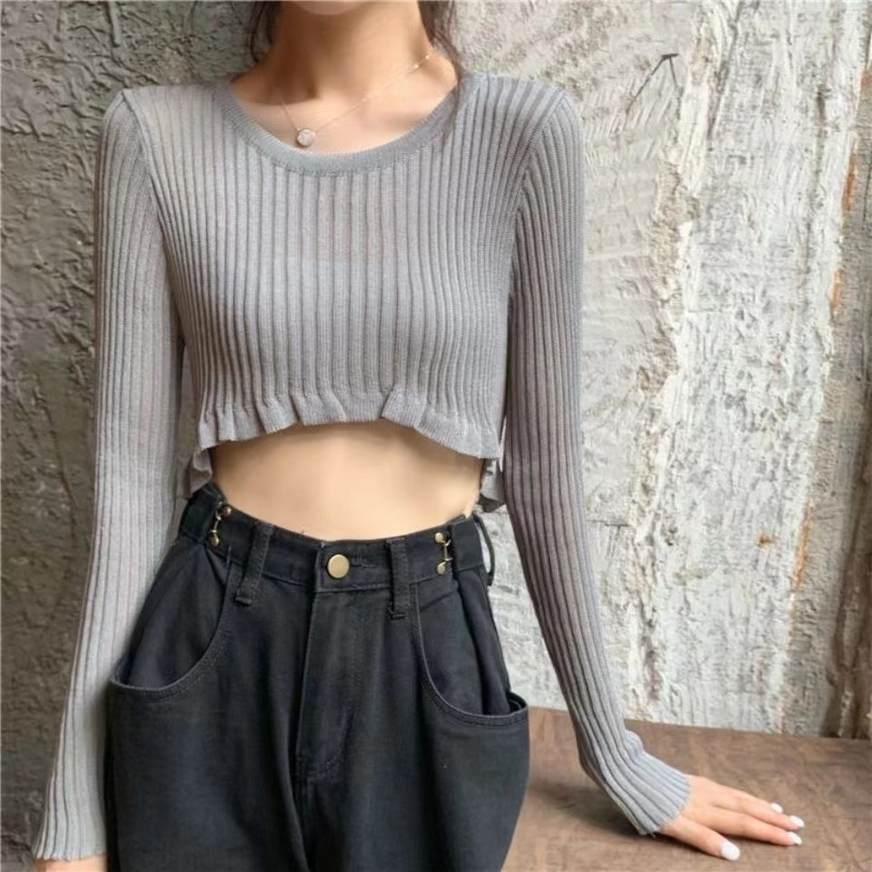 AGA Hà ng giao ngay Áo Croptop Tay Dài Xuyên Thấu Phong Cách Hàn Quốc Cho Nữ