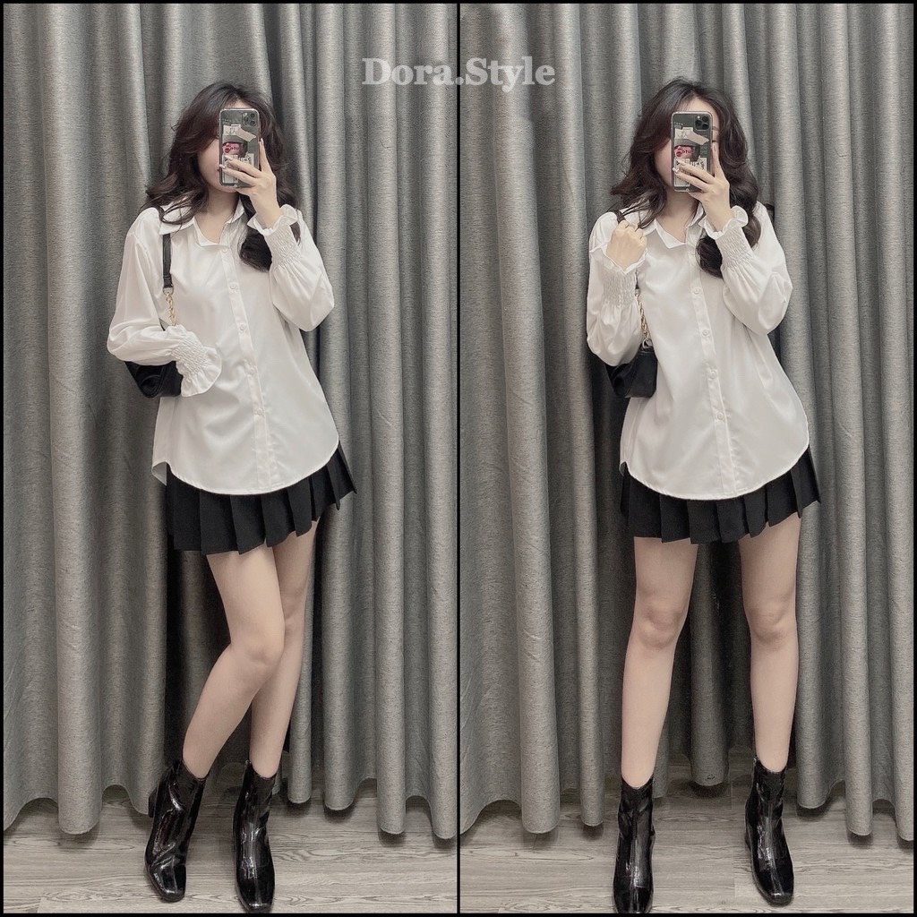 [Mã FAMARAL1 giảm 10K đơn 50K] Áo Sơ Mi Dài Tay Tay Nhúm Dora Style