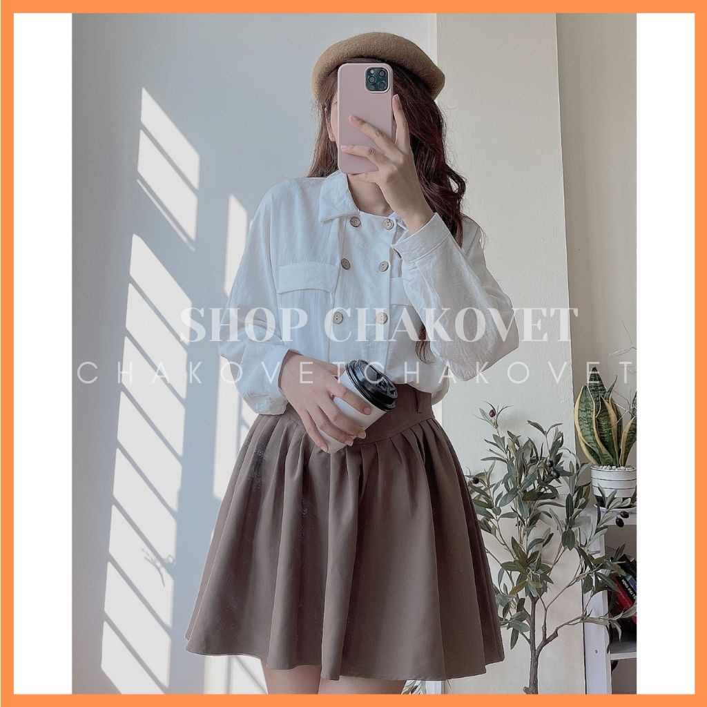 Áo sơ mi nữ dài tay form rộng CKA896, kiểu áo nữ dáng babbydoll thiết kế 2 hàng khuy cúc giả gỗ cổ bẻ, 2 túi giả đẹp lạ