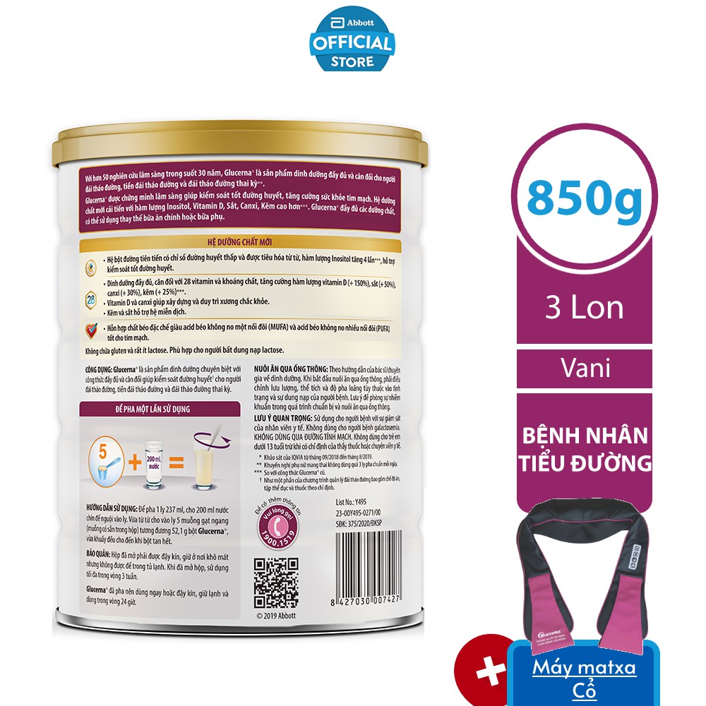 [Mã FMCGHOT -10% đơn 400K] [Tặng Máy matxa cổ] Bộ 03 lon Sữa bột Glucerna 850g