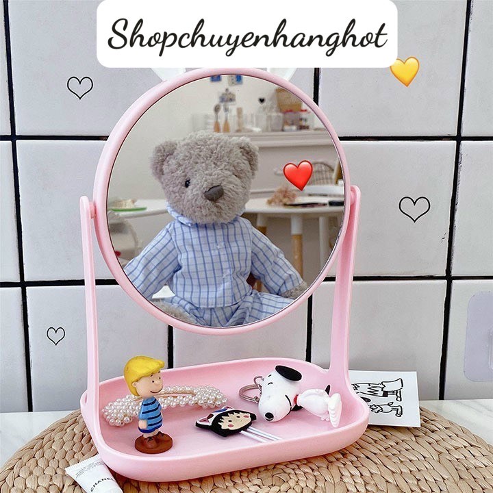 Gương Để Bàn🍒FREESHIP🍒Gương Tai Thỏ Tai Gấu Mèo Để Bàn Có Chỗ Để Đồ Tiện Lợi