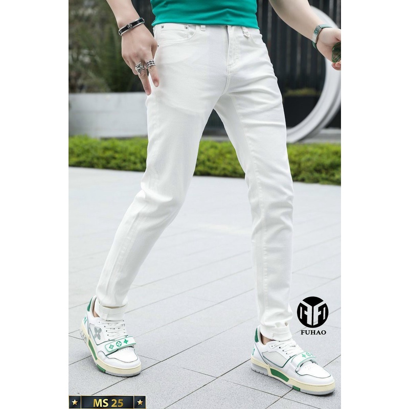 Quần jean nam co giãn 4 chiều, quần bò TRẮNG trơn dáng ôm chất vải cao cấp CAROLLSTORE MS25