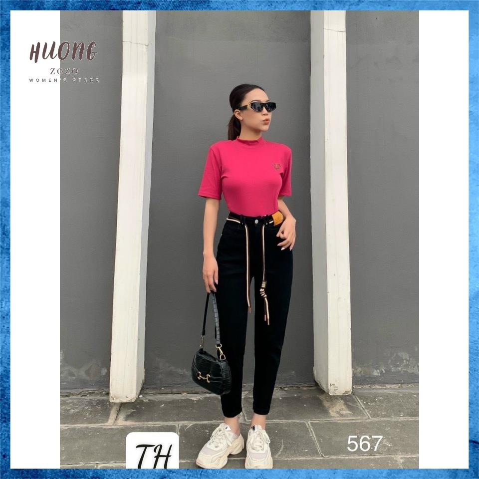 Quần jeans nữ, quần bò baggy chất liệu co giãn lưng cao túi chéo tag da kèm dây BG567