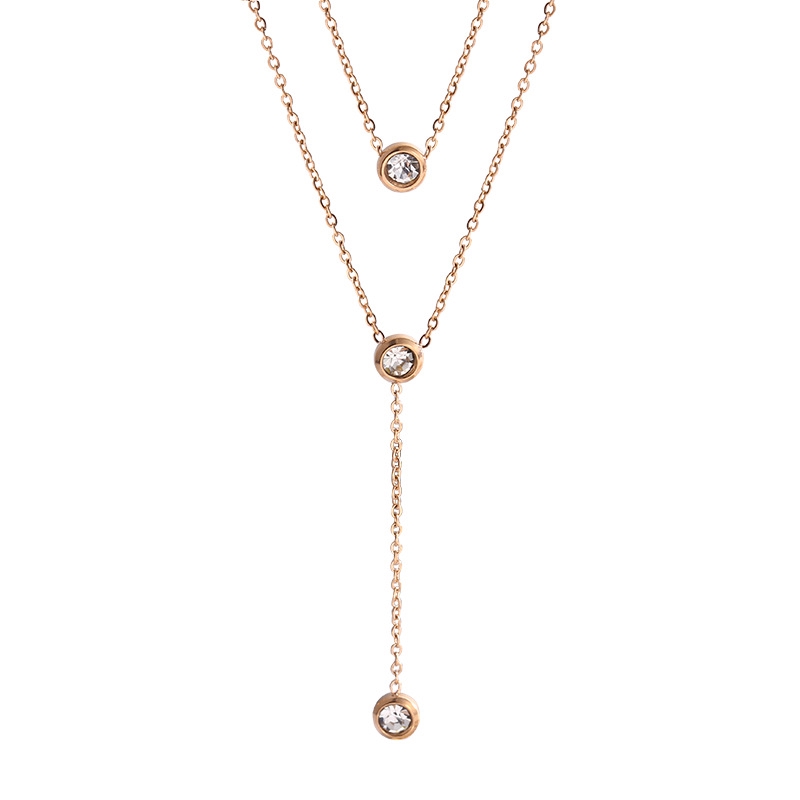 Dây chuyền hai lớp bằng thép titan mạ vàng hồng / vàng 18K đính đá zircon phong cách Nhật Hàn cá tính dễ phối đồ