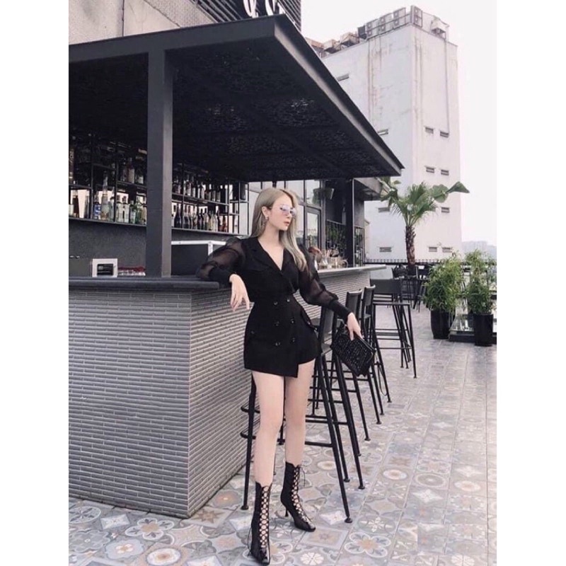 jumpsuits đen phối lưới tay dài cổ vest giả váy size M L