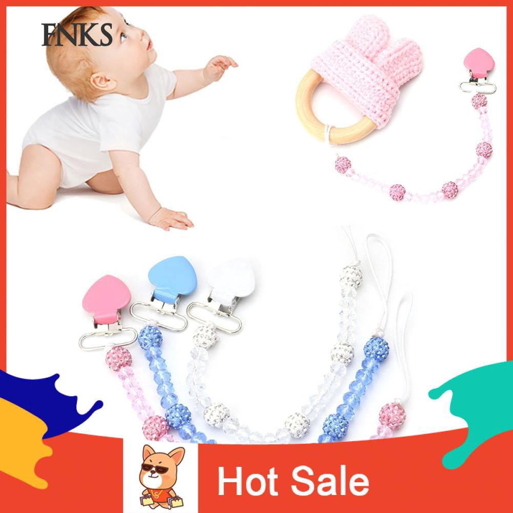 ☞SP Faux Crystal Beads Heart Baby Teething Pacifier Clip Soother Nipple Chain Holder