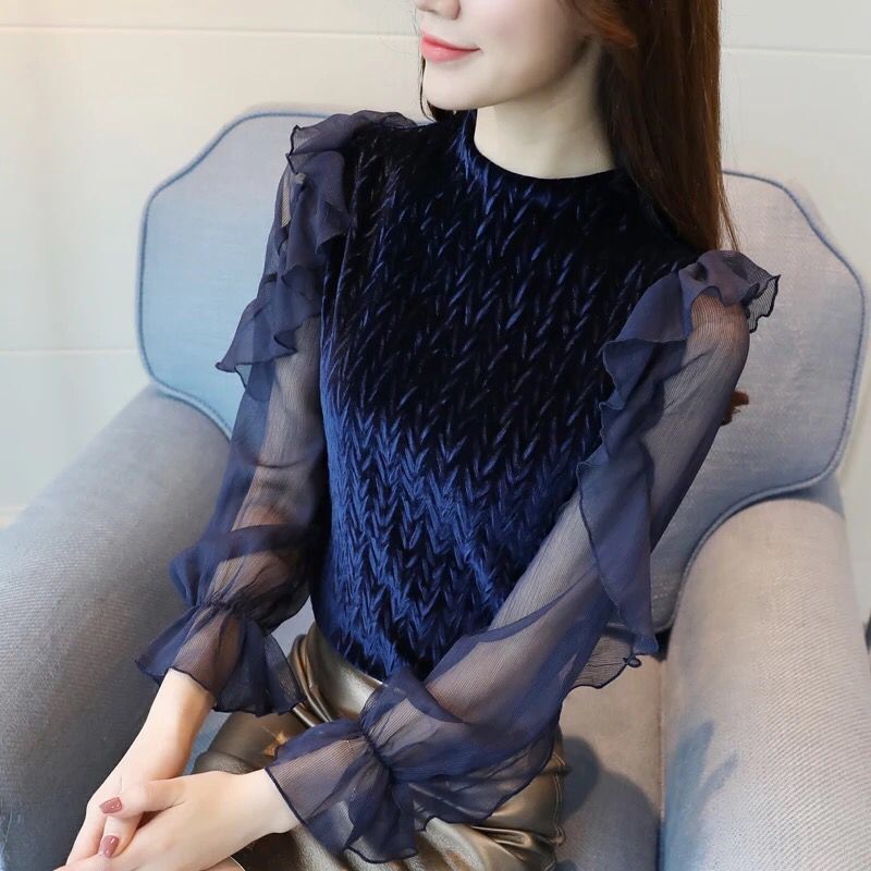 Áo kiểu tay dài vải voan lưới lót nhung thời trang 2019 quyến rũ cao cấp cho nữ