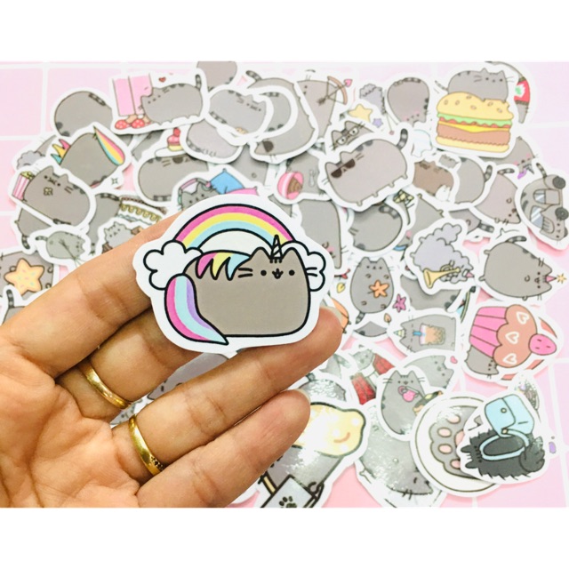 Sét 30-50 Sticker mèo pusheen ép lụa - hình dán pusheen có đề can bóc dán