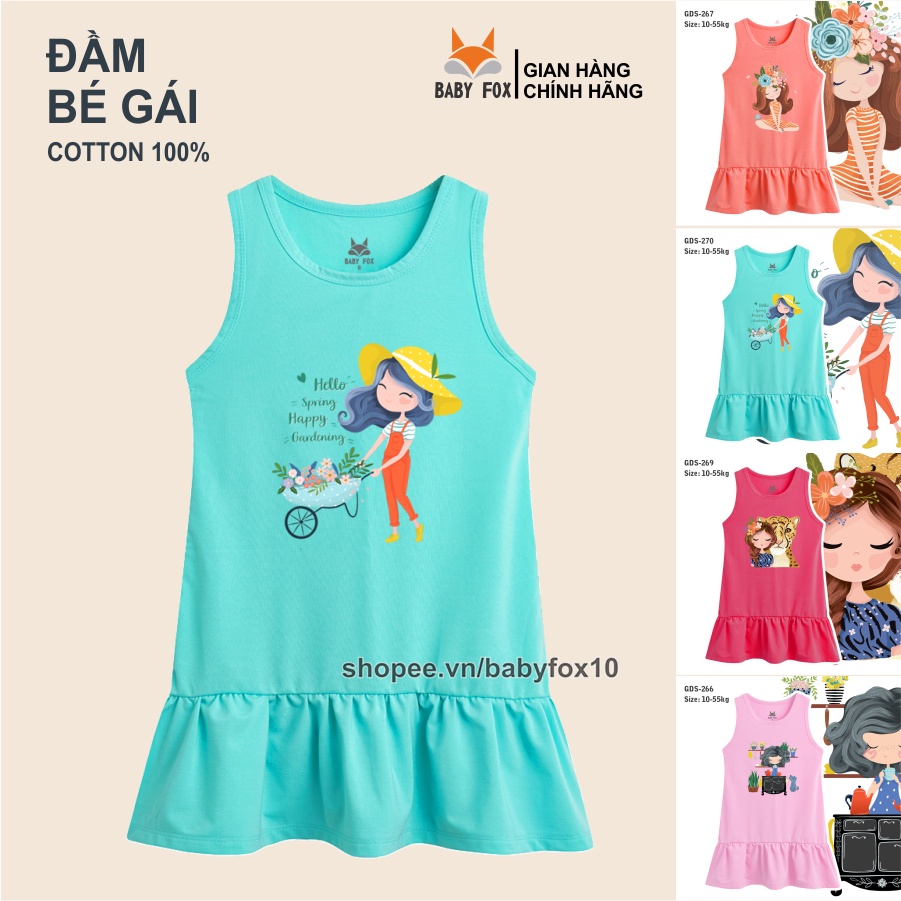 Đầm bé gái 100% cotton loại tốt, thương hiệu BABY FOX, in hình bé gái, size nhỏ, trung, đại  a
