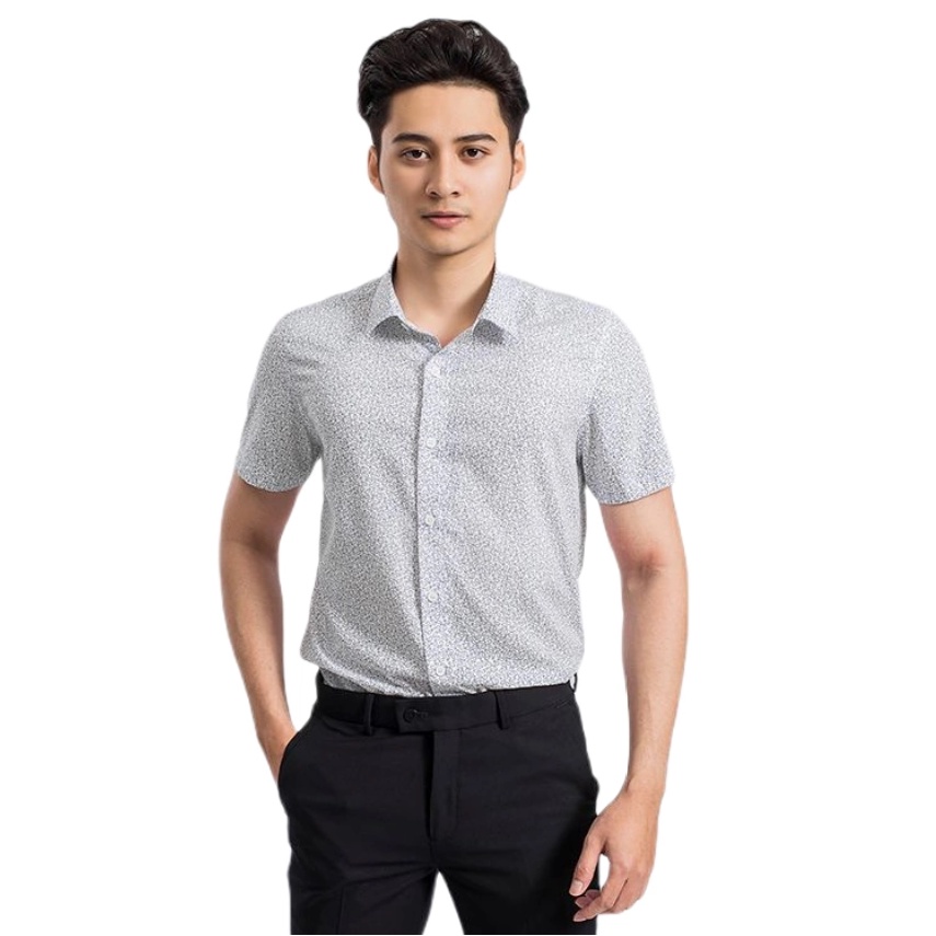 Áo sơ mi công sở nam tay ngắn Aristino màu trắng in họa tiết lá dáng slim fit vải sợi sồi cao cấp chính hãng ASS065S9