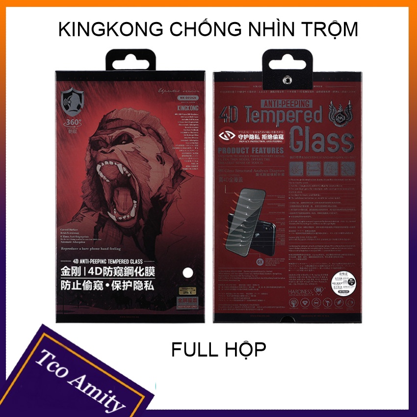 Kính cường lực chống nhìn trộm iPhone, Wekome Kingkong, Full màn, Chống vỡ viền, cho 8Plus/X/XsMax/11ProMax/12ProMax