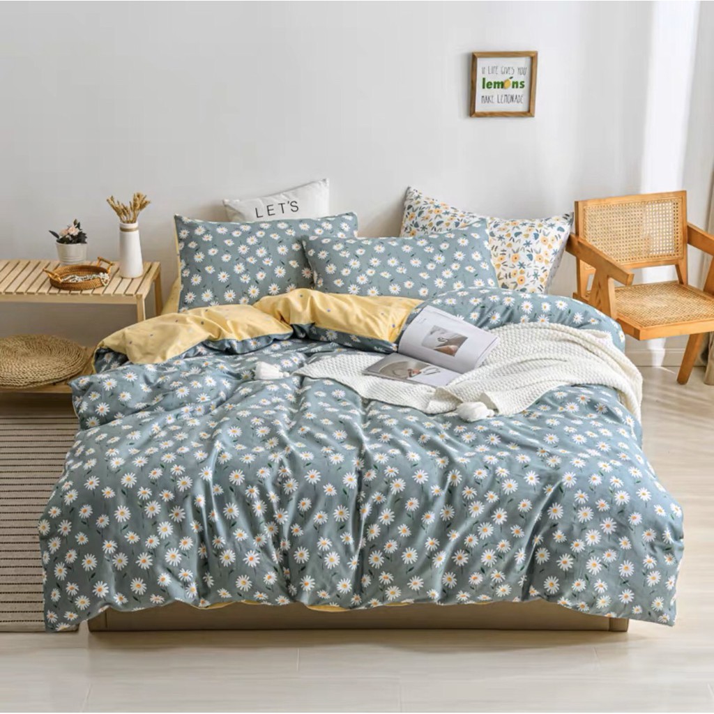 Bộ chăn ga gối Cotton poly Bo Decor Hoa cúc mới, vỏ chăn mền, drap nệm và 2 vỏ gối